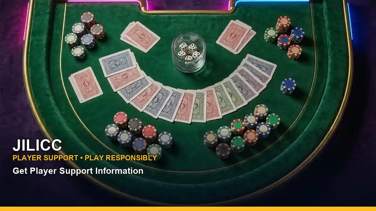 JILICC live casino table game scene with an adult Filipina host and studio setting